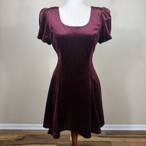 Vintage D.B.Y. Burgundy Velvet Fit And Flare Party Dress Puff Sleeve Rhinestone